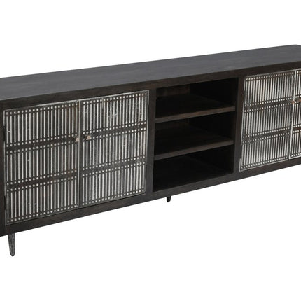 92" Dark Brown Carved Geometric Distressed Solid Wood Enclosed and Open Storage TV Stand HomeRoots