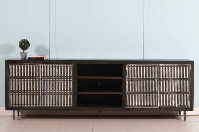 92" Dark Brown Carved Geometric Distressed Solid Wood Enclosed and Open Storage TV Stand HomeRoots