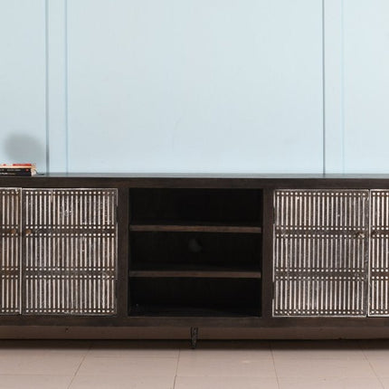 92" Dark Brown Carved Geometric Distressed Solid Wood Enclosed and Open Storage TV Stand HomeRoots