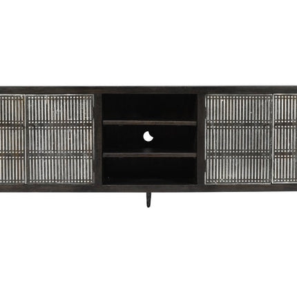 92" Dark Brown Carved Geometric Distressed Solid Wood Enclosed and Open Storage TV Stand HomeRoots