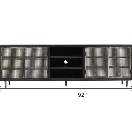 92" Dark Brown Carved Geometric Distressed Solid Wood Enclosed and Open Storage TV Stand HomeRoots