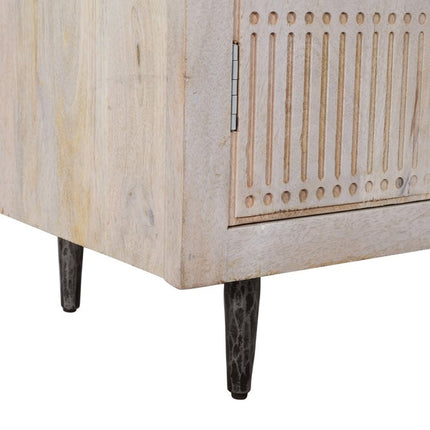 92" Ivory Carved Geometric Distressed Solid Wood Enclosed and Open Storage TV Stand HomeRoots