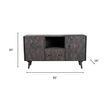 55" Dark Gray Carved Geometric Distressed Solid Wood Enclosed and Open Storage TV Stand HomeRoots