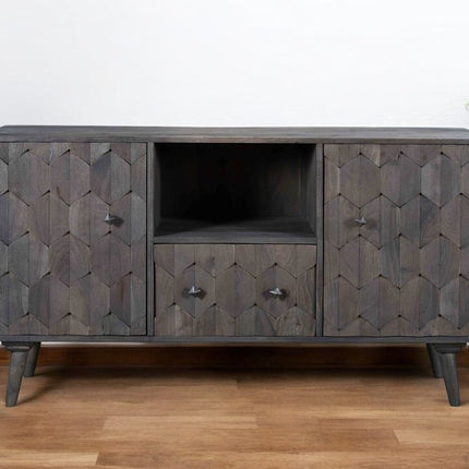 55" Dark Gray Carved Geometric Distressed Solid Wood Enclosed and Open Storage TV Stand HomeRoots