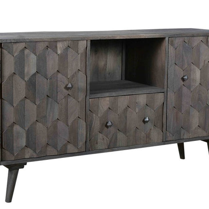 55" Dark Gray Carved Geometric Distressed Solid Wood Enclosed and Open Storage TV Stand HomeRoots