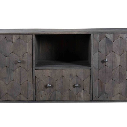 55" Dark Gray Carved Geometric Distressed Solid Wood Enclosed and Open Storage TV Stand HomeRoots