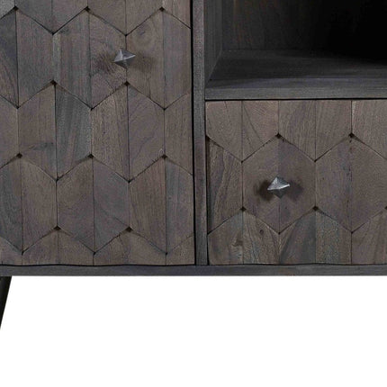 55" Dark Gray Carved Geometric Distressed Solid Wood Enclosed and Open Storage TV Stand HomeRoots
