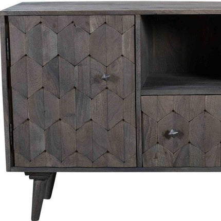 55" Dark Gray Carved Geometric Distressed Solid Wood Enclosed and Open Storage TV Stand HomeRoots