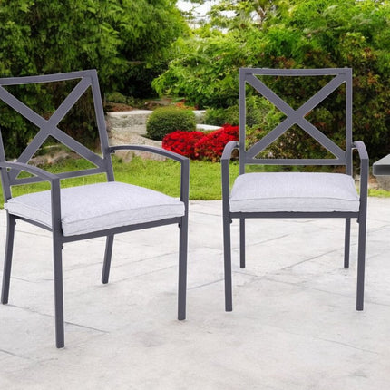 Set of Two Dark Gray Aluminum Outdoor Stacking Dining Chairs with Light Gray Cushion HomeRoots