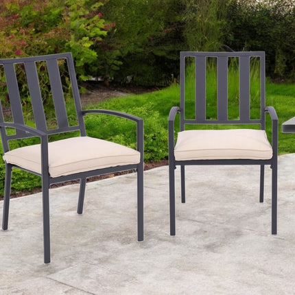 Set of Two Dark Gray Aluminum Outdoor Stacking Dining Chairs with Beige Cushion HomeRoots