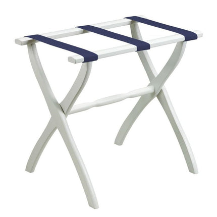 White Folding Luggage Rack With Navy Blue Straps HomeRoots