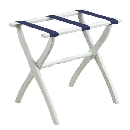 White Folding Luggage Rack With Navy Blue Straps