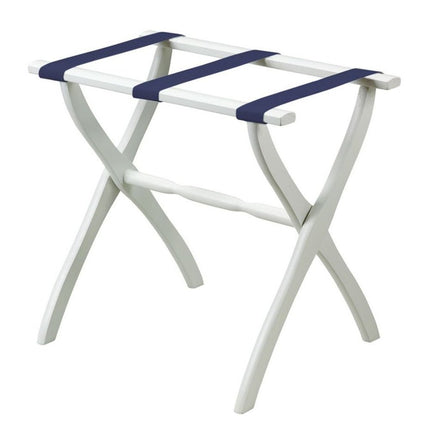 White Folding Luggage Rack With Navy Blue Straps