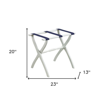 White Folding Luggage Rack With Navy Blue Straps