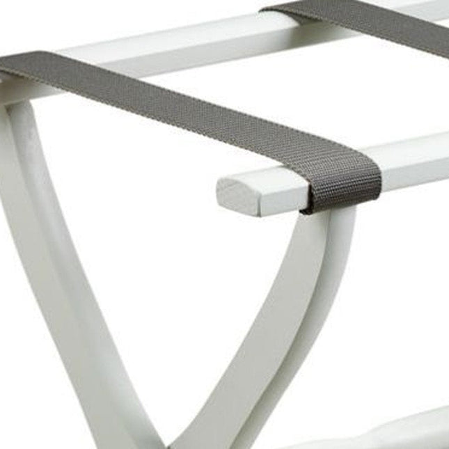 White Folding Luggage Rack With Gray Straps HomeRoots