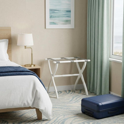 White Folding Luggage Rack With Gray Straps