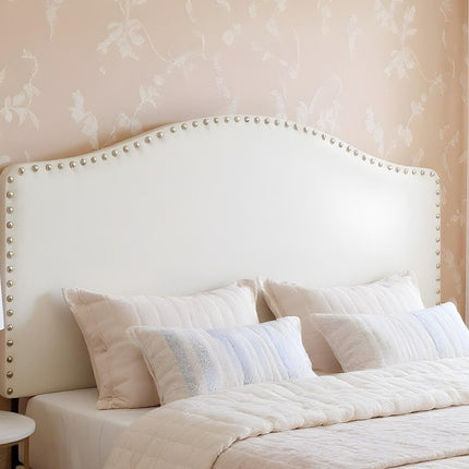 White Faux Leather Upholstered Arched Queen Headboard With Nail Head Trim HomeRoots