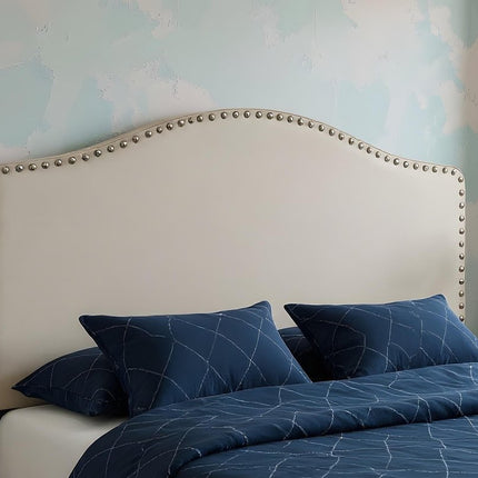 Beige Linen Blend Upholstered Arched Full Headboard With Nail Head Trim HomeRoots