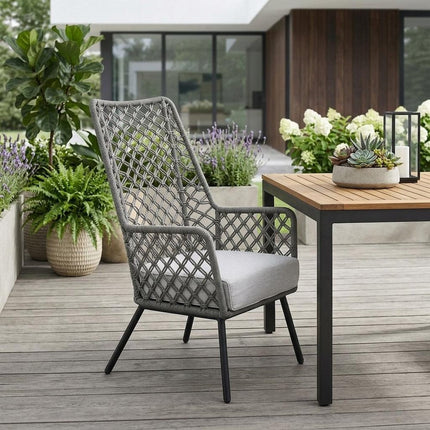 26" Gray and Black Steel Indoor Outdoor Dining Chair with Gray Cushion HomeRoots