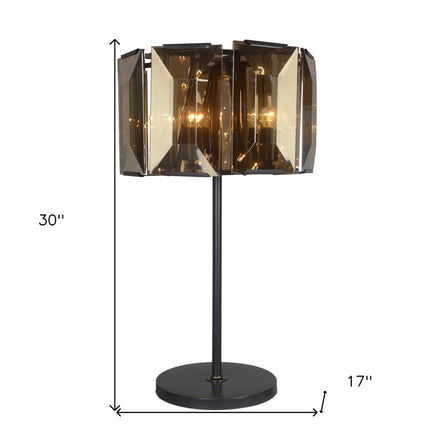30" Bronze Metal Four Light Cylinder Bedside Table Lamp With Amber Round Shade HomeRoots