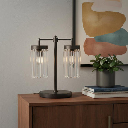 18" Black Iron Two Light Cylinder Bedside Table Lamp With Clear Cylinder Shade HomeRoots