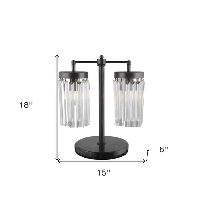 18" Black Iron Two Light Cylinder Bedside Table Lamp With Clear Cylinder Shade HomeRoots