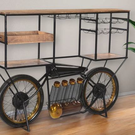 Brown and Black Metal And Solid Wood Bar Cart With Wine Storage