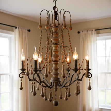 Brown Candle Style Six Light Wood Chandelier HomeRoots