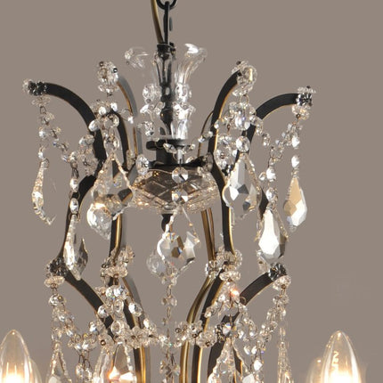 Black Candle Style Six Light Metal and Crystal Glass Chandelier