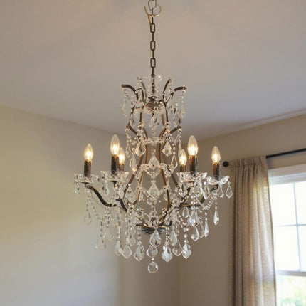 Black Candle Style Six Light Metal and Crystal Glass Chandelier
