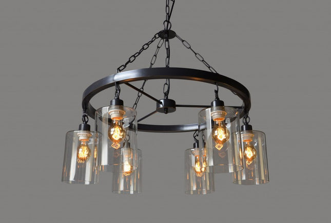 Black Shaded Six Light Metal and Transparent Glass Chandelier With Clear Shades HomeRoots