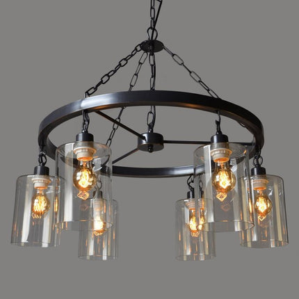 Black Shaded Six Light Metal and Transparent Glass Chandelier With Clear Shades