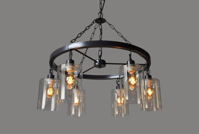 Black Shaded Six Light Metal and Transparent Glass Chandelier With Clear Shades HomeRoots