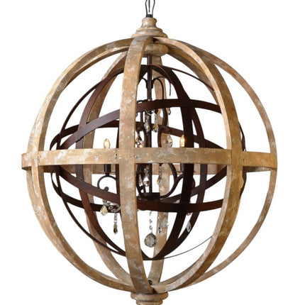 Brown Unique Statement Five Light Wood Chandelier With Brown Shades