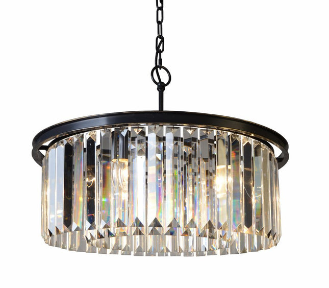 Black Unique Statement Six Light Metal and Crystal Glass Chandelier With Clear Shades HomeRoots