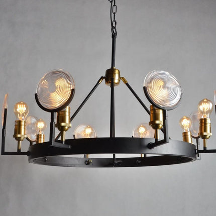 Black And Gold Unique Statement Eight Light Metal Chandelier With Clear Shades
