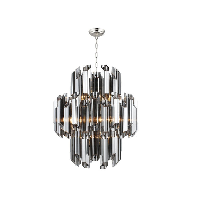 Silver Unique Statement Nine Light Metal and Beveled Glass Chandelier With Silver Shades HomeRoots