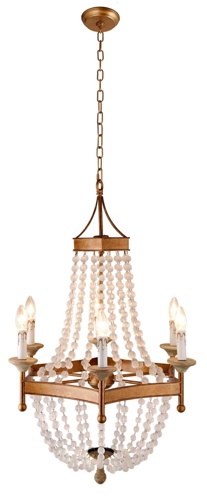 Gold And White Candle Style Six Light Metal and Frosted Glass Chandelier HomeRoots