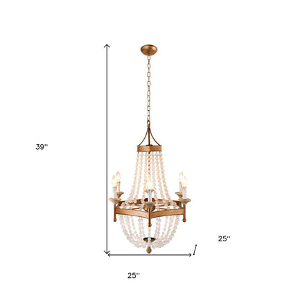Gold And White Candle Style Six Light Metal and Frosted Glass Chandelier