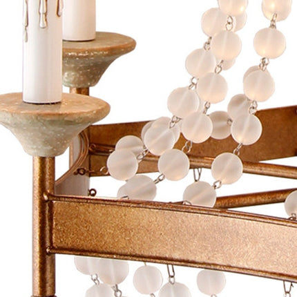 Gold And White Candle Style Six Light Metal and Frosted Glass Chandelier