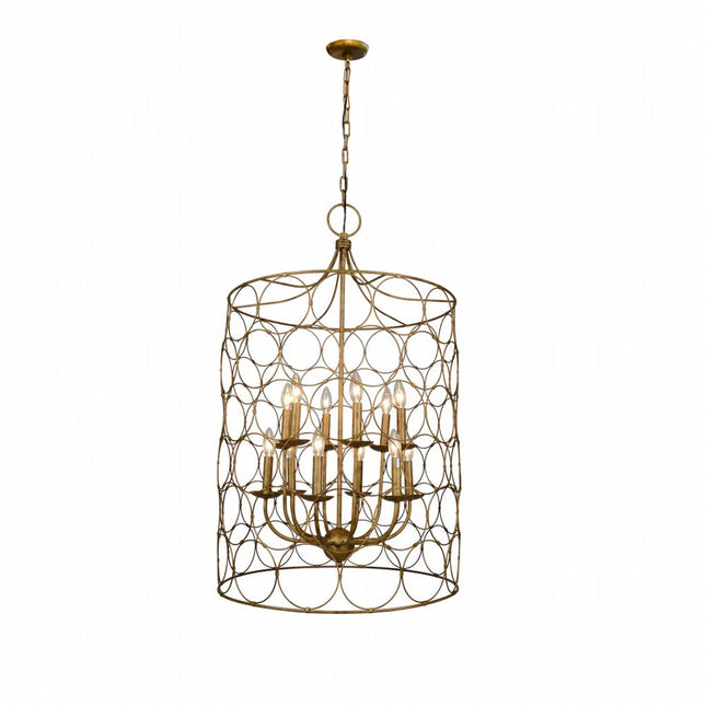Gold Candle Style Twelve Light Metal Chandelier With Gold Shades HomeRoots