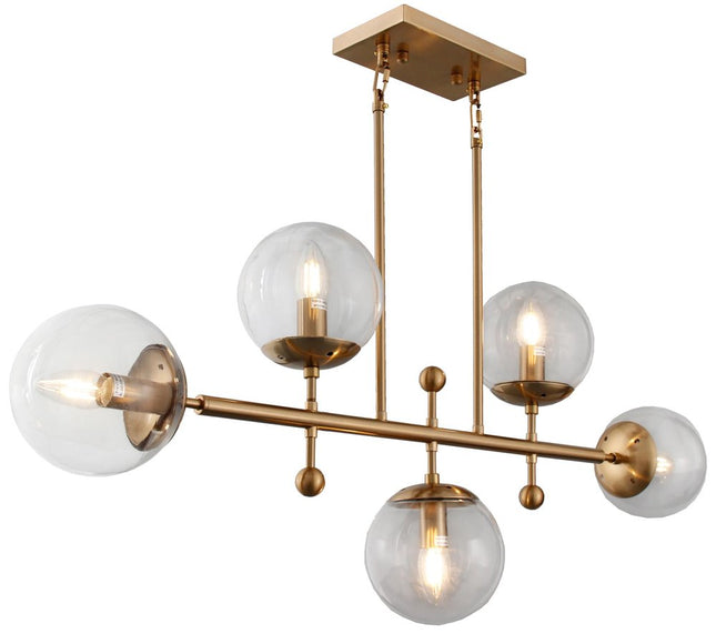 Brass Kitchen Island Five Light Metal and Transparent Glass Chandelier With Clear Shades HomeRoots