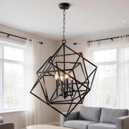 Black Unique Statement Four Light Metal Chandelier With Black Shades HomeRoots