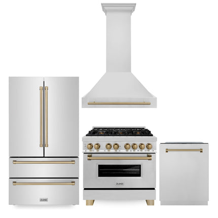 ZLINE 36" Autograph Edition Kitchen Package with Stainless Steel Dual Fuel Range, Range Hood, Dishwasher and Refrigeration with Champagne Bronze Accents (4KAPR-RARHDWM36-CB)