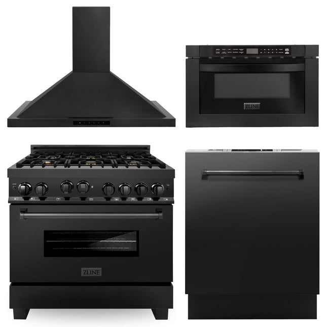 ZLINE 36 in. Kitchen Package with Black Stainless Steel Gas Range, Range Hood, Microwave Drawer and Dishwasher(4KP-RGBRH36-MWDW) Zline Appliances