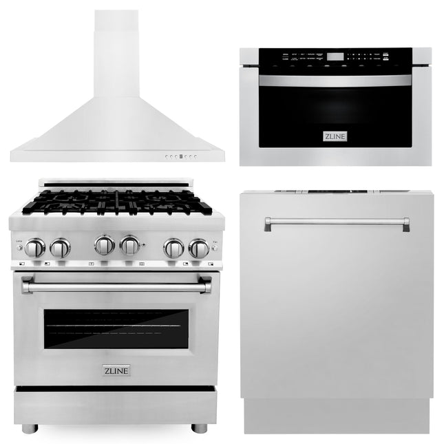 ZLINE 30 in. Kitchen Package with Stainless Steel Gas Range, Range Hood, Microwave Drawer and Dishwasher (4KP-RGRH30-MWDW) Zline Appliances