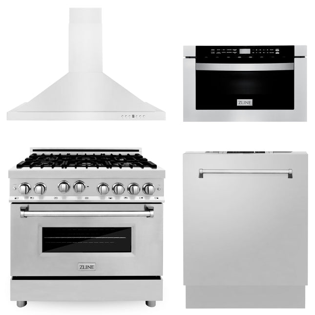 ZLINE 36 in. Kitchen Package with Stainless Steel Gas Range, Range Hood, Microwave Drawer and Dishwasher(4KP-RGRH36-MWDW) Zline Appliances