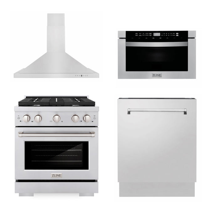 ZLINE 30" Kitchen Package with Stainless Steel Gas Range, Range Hood, Microwave Drawer and Tall Tub Dishwasher (4KP-SGRRH30-MWDWV) Plaza Home Decor