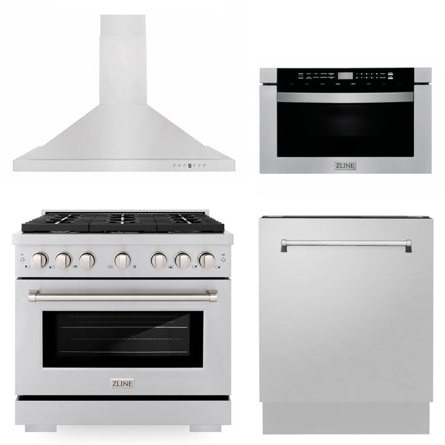 ZLINE 36" Kitchen Package with Stainless Steel Gas Range, Range Hood, Microwave Drawer and Tall Tub Dishwasher (4KP-SGRRH36-MWDWV) Plaza Home Decor