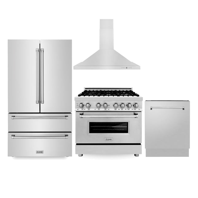 ZLINE Kitchen Package with Refrigeration, 36 in. Stainless Steel Dual Fuel Range, 36 in. Convertible Vent Range Hood and 24 in. Tall Tub Dishwasher (4KPR-RARH36-DWV) Zline Appliances